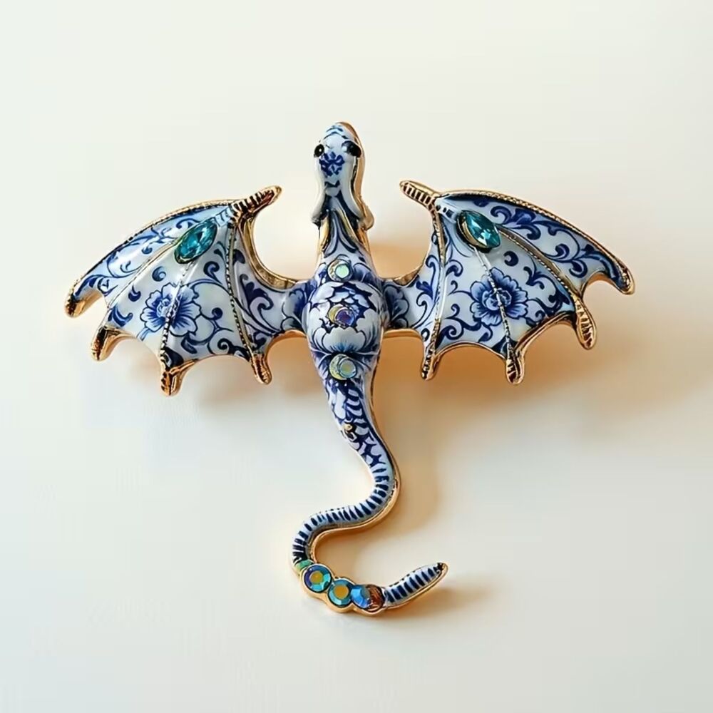 Blue White Porcelain Style Dragon Brooch Pin Gold Tone Rhinestone Fantasy